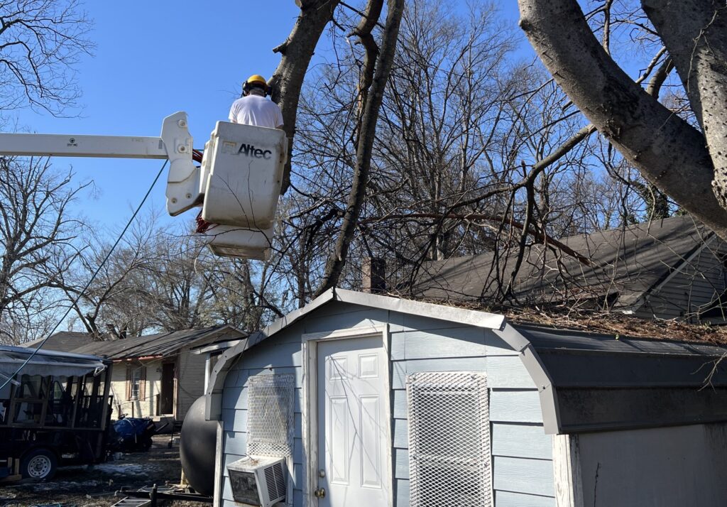 An Alabama Baptist Disaster Relief volunteer works to clear a fallen tree limb at a home in Greenville, Mississippi.